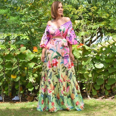 Women's Floral Dress Pastoral Streetwear V Neck Off Shoulder Printing 3/4 Length Sleeve Plant Maxi Long Dress Holiday