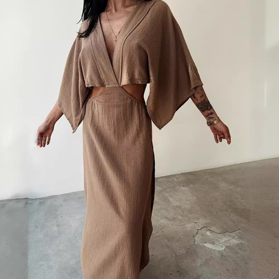 Women's Regular Dress Simple Style V Neck Backless Half Sleeve Solid Color Maxi Long Dress Casual
