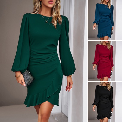 Women's Sheath Dress Elegant Round Neck Ruffles Long Sleeve Solid Color Above Knee Office Business Daily