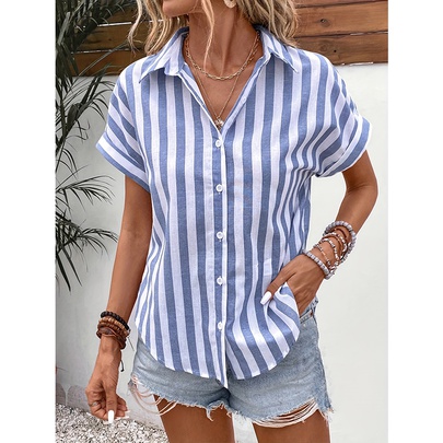 Women's Blouse Short Sleeve Blouses Simple Style Stripe