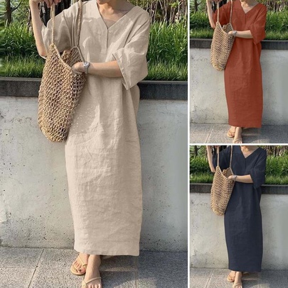 Women's Regular Dress Simple Style V Neck Short Sleeve Solid Color Maxi Long Dress Holiday Beach
