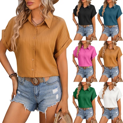 Women's Blouse Short Sleeve Blouses Pleated Simple Style Solid Color