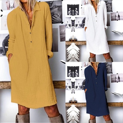 Women's Shirt Dress Casual Turndown Printing Long Sleeve Solid Color Knee-Length Holiday Daily