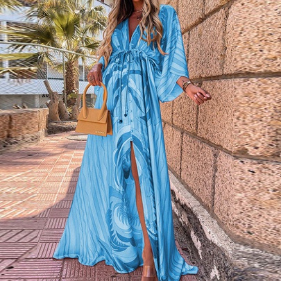 Women's Swing Dress Classic Style Streetwear V Neck Printing 3/4 Length Sleeve Color Block Maxi Long Dress Holiday