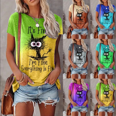 Women's T-shirt Short Sleeve T-shirts Printing Casual Letter Cat