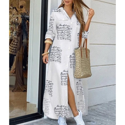 Women's Shirt Dress Casual Turndown Printing Long Sleeve Letter Leopard Chains Print Maxi Long Dress Daily