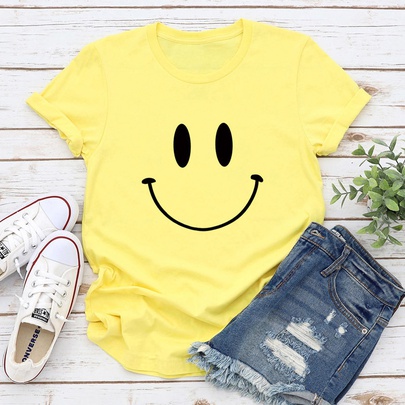 Women's T-shirt Short Sleeve T-Shirts Printing Casual Smiley Face