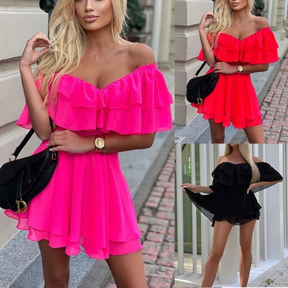 Fashion Solid Color Boat Neck Sleeveless Ruffles Polyester Chiffon Dresses Above Knee A-line Skirt