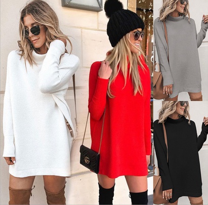 Women's Regular Dress Fashion Turtleneck Patchwork Knitted Long Sleeve Solid Color Above Knee Daily