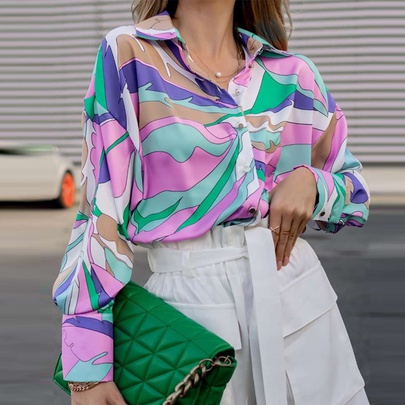 Women's Blouse Long Sleeve Blouses Printing Button Fashion Geometric