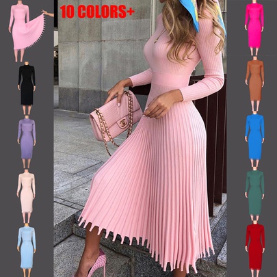 Women's Regular Dress Fashion Round Neck Tassel Pleated Long Sleeve Solid Color Midi Dress Daily