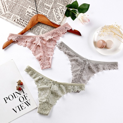Solid Color Lightweight Lace Low Waist Thong Panties