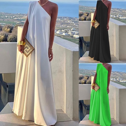 Women's Swing Dress Elegant Oblique Collar Sleeveless Solid Color Maxi Long Dress Banquet Party