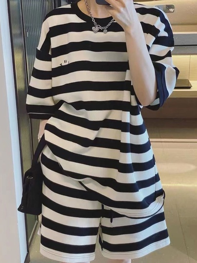 Daily Women's Casual Stripe Polyester Shorts Sets Shorts Sets