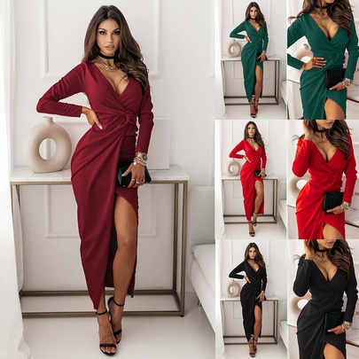 Women's Party Dress Sexy V Neck Criss Cross Slit Long Sleeve Solid Color Midi Dress Daily Swimming Pool Beach