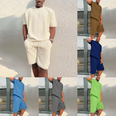 Men's Solid Color Casual Round Neck Short Sleeve Regular Fit Men's Sets