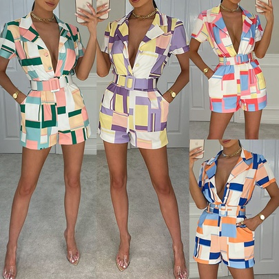 New Style Lapel Plaid Printed Contrast Color One-piece Women's Jumpsuit