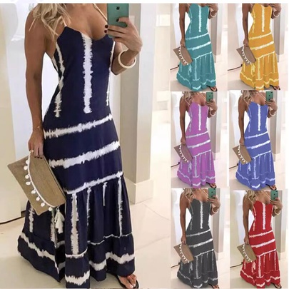 Women's A-line Skirt Casual Bohemian U Neck Printing Sleeveless Solid Color Maxi Long Dress Travel Daily