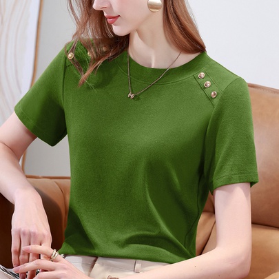 Women's T-shirt Short Sleeve T-shirts Button Classic Style Solid Color