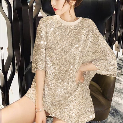 Women's T-shirt Short Sleeve T-shirts Sequins Streetwear Solid Color