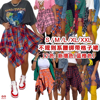 Summer Streetwear Plaid Cotton Blend Polyester Knee-length Skirts
